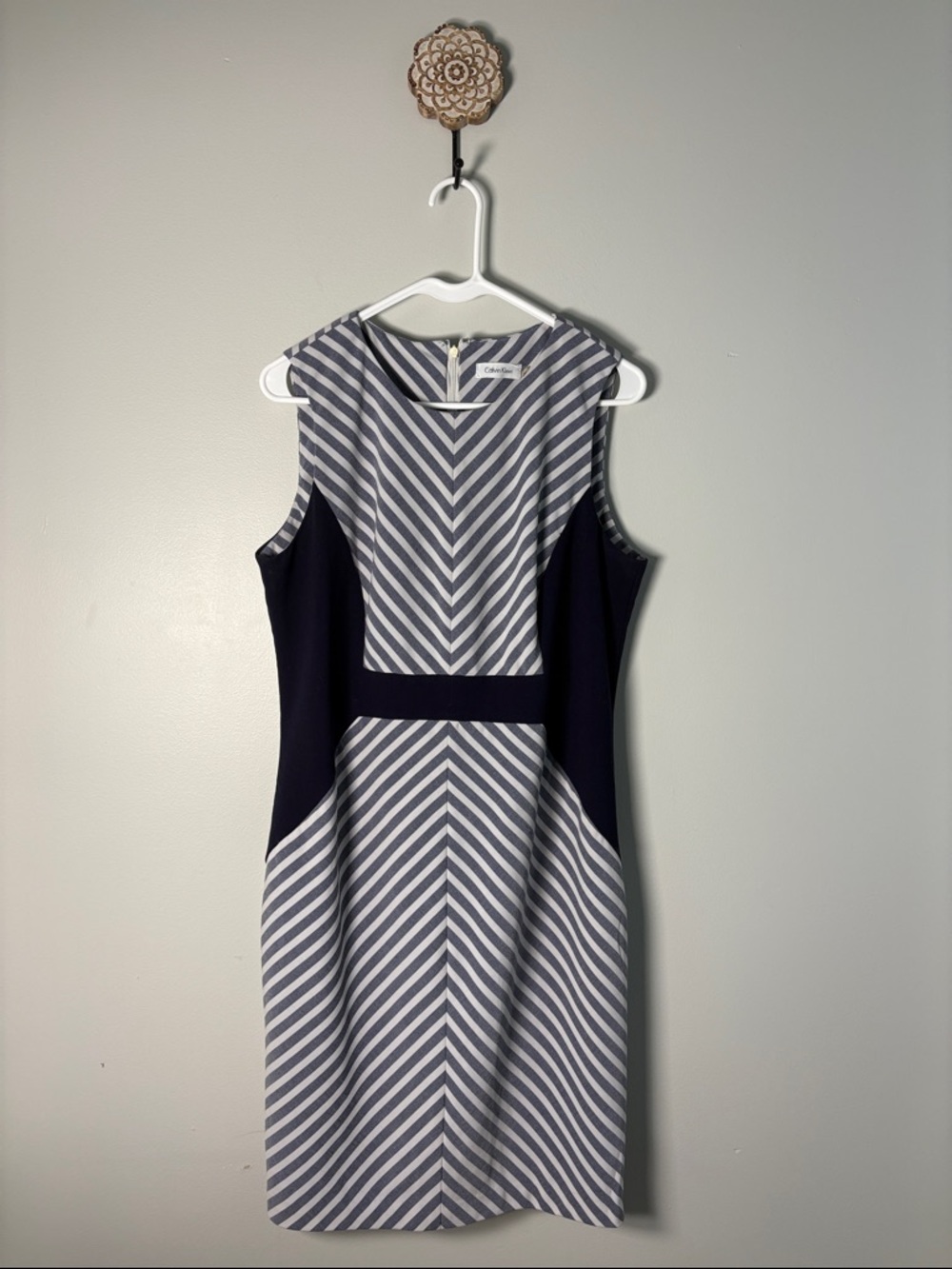 Calvin Klein Navy and White Chevron Sheath Dress